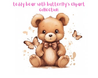 Teddybär mit Schmetterlings Clipart Sammlung, süße Teddybären, Clipart Pack, digitaler Download