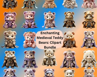 Niedlicher Teddybär Clipart Bundle Kommerzielle Nutzung PNG Digital Download, Fantasy Mittelalter Teddy Transparente Clipart PNG, Märchen Clipart