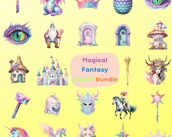 Magical Fantasy Clipart Bundle: Drachen, Feenhäuser, Zauberstäbe, Schwerter und mehr