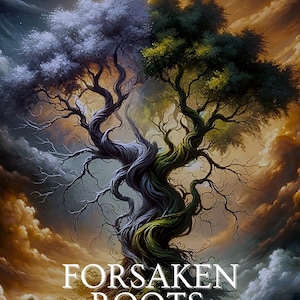 K&ouml;nnte beinhalten: Buchcover f&uuml;r "Forsaken Roots", Buch Zwei der Omni-Serie, mit einem geteilten Baum mit lila und gr&uuml;nem Laub vor einem bew&ouml;lkten Himmel. Titel und Autorenname sind in wei&szlig;er Schrift dargestellt.