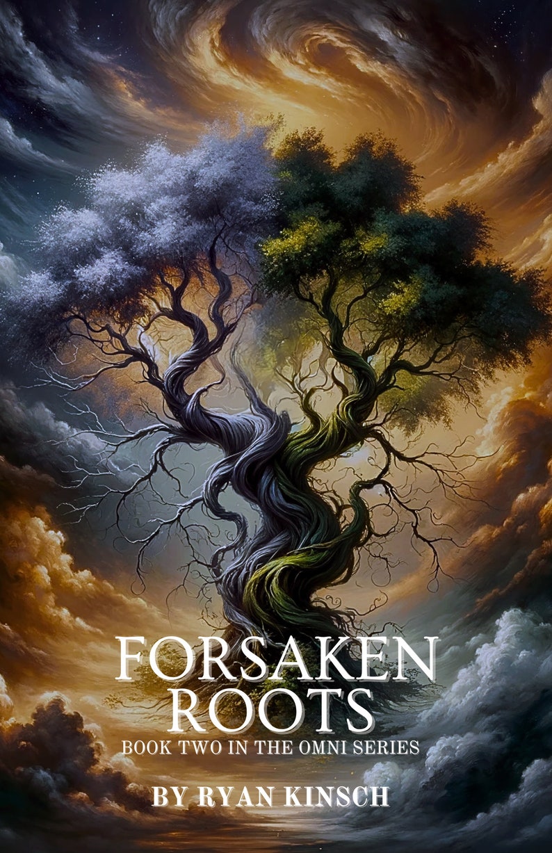 K&ouml;nnte beinhalten: Buchcover f&uuml;r "Forsaken Roots", Buch Zwei der Omni-Serie, mit einem geteilten Baum mit lila und gr&uuml;nem Laub vor einem bew&ouml;lkten Himmel. Titel und Autorenname sind in wei&szlig;er Schrift dargestellt.