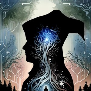 K&ouml;nnte beinhalten: Buchcover f&uuml;r "SIN EATER" von David Coyle. Das Bild zeigt eine Silhouette eines Personenprofils mit einer baumartigen Struktur im Kopf, einer Figur in einem T&uuml;rrahmen und einem Leiterplattenmuster im Hintergrund.