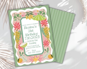 Editable Royale palm beach  retro bachelorette trop invitation set grasshopper  flamingo birthday invite tropical itenerary Printable
