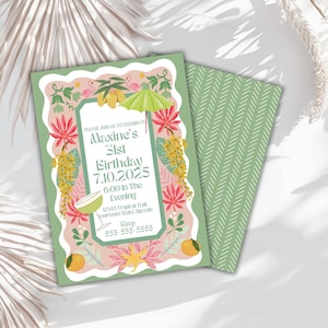 Ensemble d'invitations modifiables Royale palm beach bachelorette trop rétro, sauterelle, flamant rose, invitation d'anniversaire tropicale, imprimable