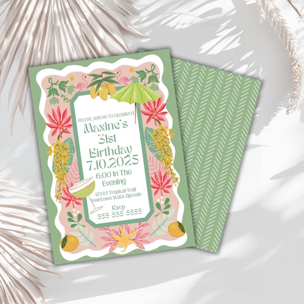 Ensemble d'invitations modifiables Royale palm beach bachelorette trop rétro, sauterelle, flamant rose, invitation d'anniversaire tropicale, imprimable