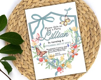 May include: A light blue invitation with a floral border and a butterfly design. The invitation is for a party for Lillian who is turning 6. The party is on September 3rd at 2pm at Brookfield Country Club. The address is 5555 Springbound Rd, Yourtown State Zip. The RSVP number is 555-555-5555.