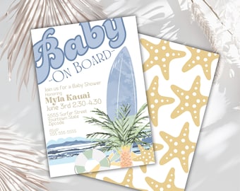 Surfboard Baby Shower Invitation, Beach Theme (Digital Template)