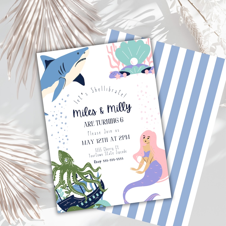Editable Mermaid and Shark Invitations Under the Sea Party Ocean Theme ...
