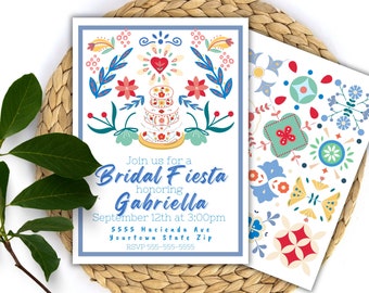 May include: A colorful invitation for a bridal fiesta honoring Gabriella. The invitation features a traditional Mexican design with flowers, hearts, and a cake. The text reads "Join us for a Bridal Fiesta honoring Gabriella, September 12th at 3:00pm, 5555 Hacienda Ave, Yourtown State Zip, RSVP 555-555-5555."