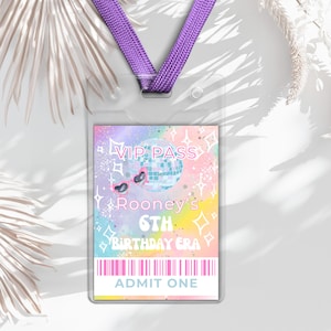 Bearbeitbare Geburtstag Era Party VIP Tag vip passieren Sie Tags Musik Pop Sängerin Party Thema Taylor Geschenk Gunst Tag Pastell Disco Thema Geschenkanhänger