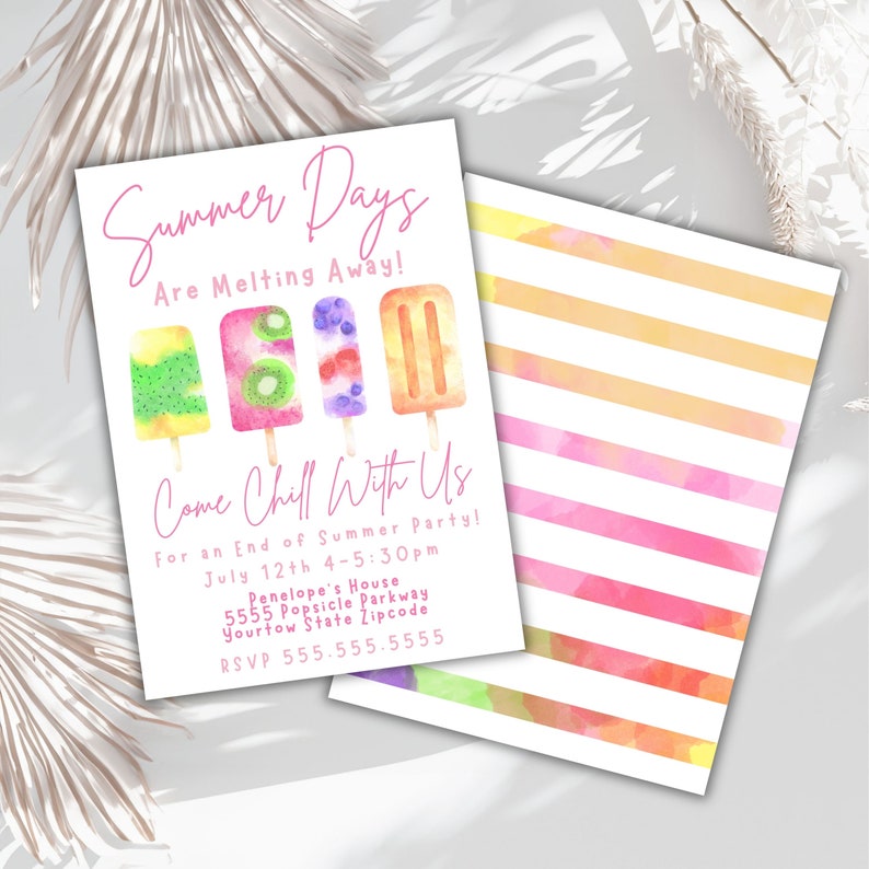 Puede incluir: Summer Days Are Melting Away! Come Chill With Us for an End of Summer Party! July 12th 4-5:30pm Penelope's House 5555 Popsicle Parkway Yourtow State Zipcode RSVP 555.555.5555
