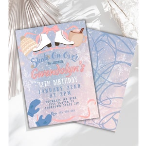 Editable iceskating invite, skate on over, ice queen party , figure skating winter wonderland theme invitation Printable skating birthday