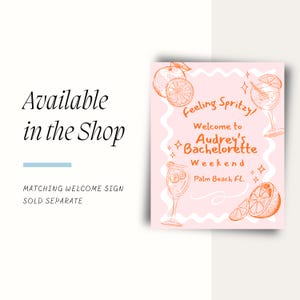 Peut inclure: Une affiche rose avec des illustrations oranges d'agrumes et de cocktails. L'affiche indique "Feeling Spritzy! Welcome to Audrey's Bachelorette Weekend Palm Beach FL."