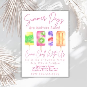 Puede incluir: Invitaci&oacute;n a una fiesta de fin de verano con el texto "Summer Days Are Melting Away!" y "Come Chill With Us" con una ilustraci&oacute;n de acuarela de cuatro paletas de hielo. La invitaci&oacute;n incluye la fecha, la hora, la direcci&oacute;n y la informaci&oacute;n de RSVP.