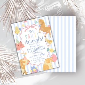 May include: A colorful invitation for a 3rd birthday party with a barnyard theme. The invitation features a pink pig, a brown horse, a yellow chick, a brown cow, and a brown rabbit. The text on the invitation reads "Hey Party Animals! Please join us for a Barnyard Bash! Vivianne's 3rd Birthday June 10th at 2:00pm 12345 Cherry CL Your town State Zipcode Rsvp 555-555-5555"