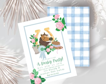 May include: A white invitation with blue and pink floral accents. The invitation is for a Derby party on May 8th at 2 PM. The invitation features a brown horse head with a gold horseshoe and a blue ribbon.