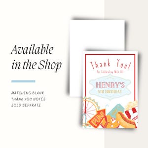 May include: A white card with a red border features the text "Thank You!" and "HENRY'S 5TH BIRTHDAY." The card includes carnival-themed illustrations of a Ferris wheel, popcorn, and a hot dog. The words "Available in the Shop" are also visible.