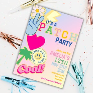 Editable Patch Party 90s party invitation patches themed Printable, Varsity Patch Party Girls  Preppy smiley Face Patches Party Invite,