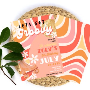 Editable-groovy hippie 70s invite party -retro wavy birthday invitation, roller skate party girls invitation -Canva Printable