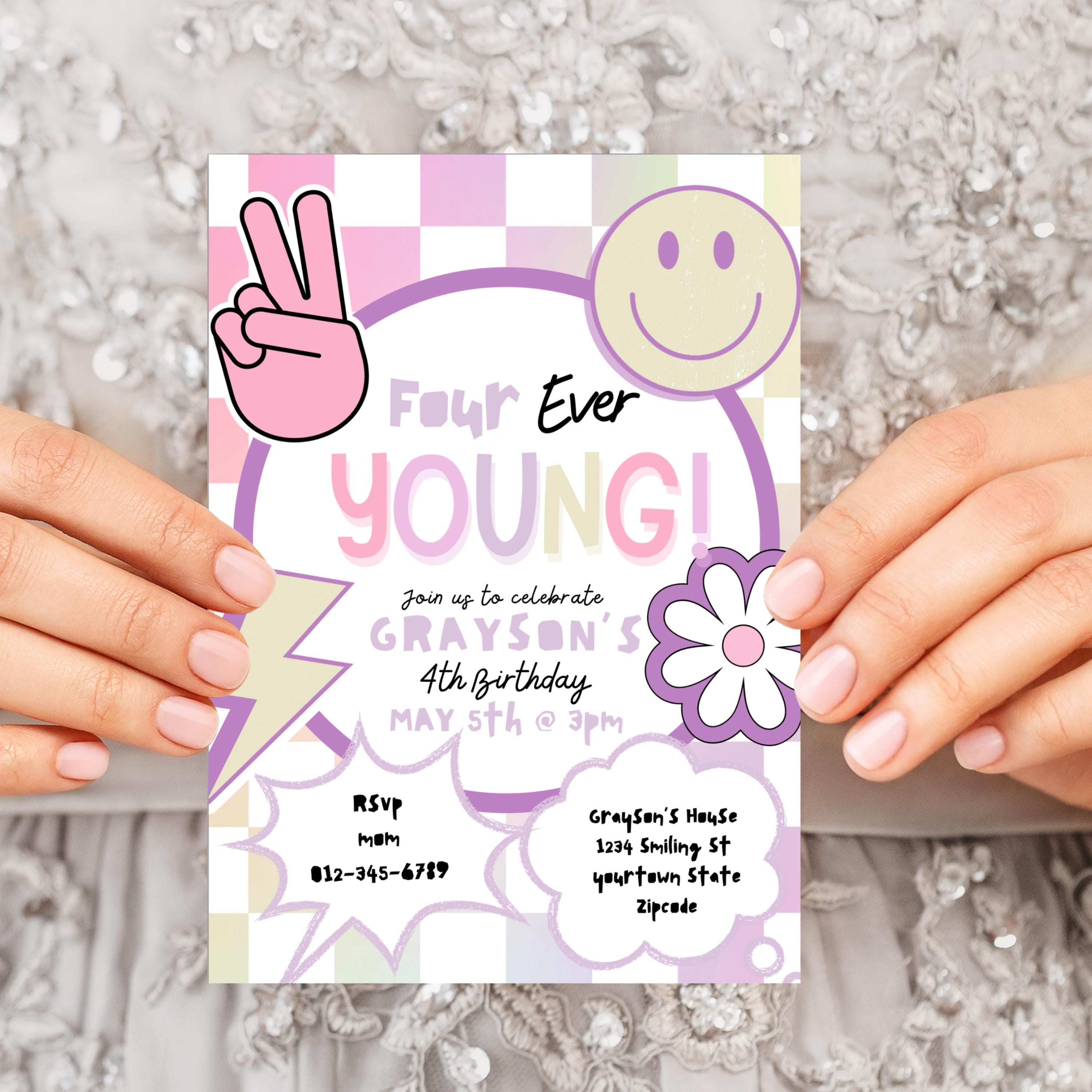 Invited Cool Editable 4 Ever Young Theme Happy Girl Invite Cool 4th Birthday Party ...