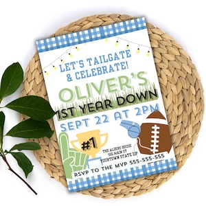 First down football gingham  invitation-boy 1st year down birthday -tailgate football birthday theme  -preppy fall football party- Printable