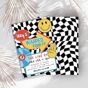 May include: A retro-themed party invitation with a black and white chequered background. The invitation features a record, a peace sign, a smiley face, and the text "izzy's WARPED FOUR-TY THE LINE UP MAY 5th @ 3pm Grayson's House 1234 Smiling st yourtoun state zipcode RSVP 012-345-6789".