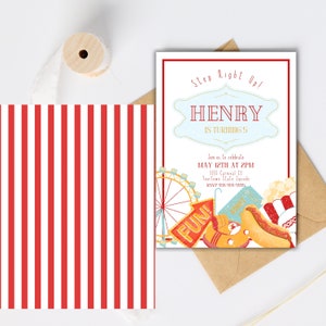 May include: Carnival-themed birthday invitation with red and white striped background. The invitation reads "Step Right Up! HENRY IS TURNING 5" with carnival graphics including a Ferris wheel, popcorn, and hot dog.