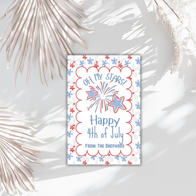 May include: A white card with red and blue stars and fireworks. The card says "Oh My Stars! Happy 4th of July. From: The Shepards".