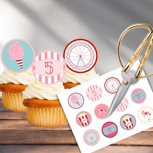 Bearbeitbar Karneval Cupcake Topper Karneval Thema Geburtstag die größte Vintage Zirkus Karte Retro Cup Cake Zirkus Dessert Pick Download
