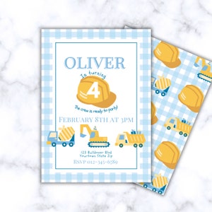 Editable gingham excavator invite , construction Birthday party, construction theme party Invitation -dump truck party, Printable Download