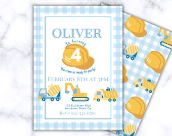 Editable Construction Birthday Invitation, Gingham Truck Party (Printable Download)