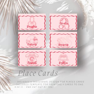 Editable: juego de tarjetas de lugar retro onduladas, lazo de jardín ondulado, garabato de cena, ilustración ondulada, tarjeta de lugar para sentarse, tarjeta de nombre para cena.
