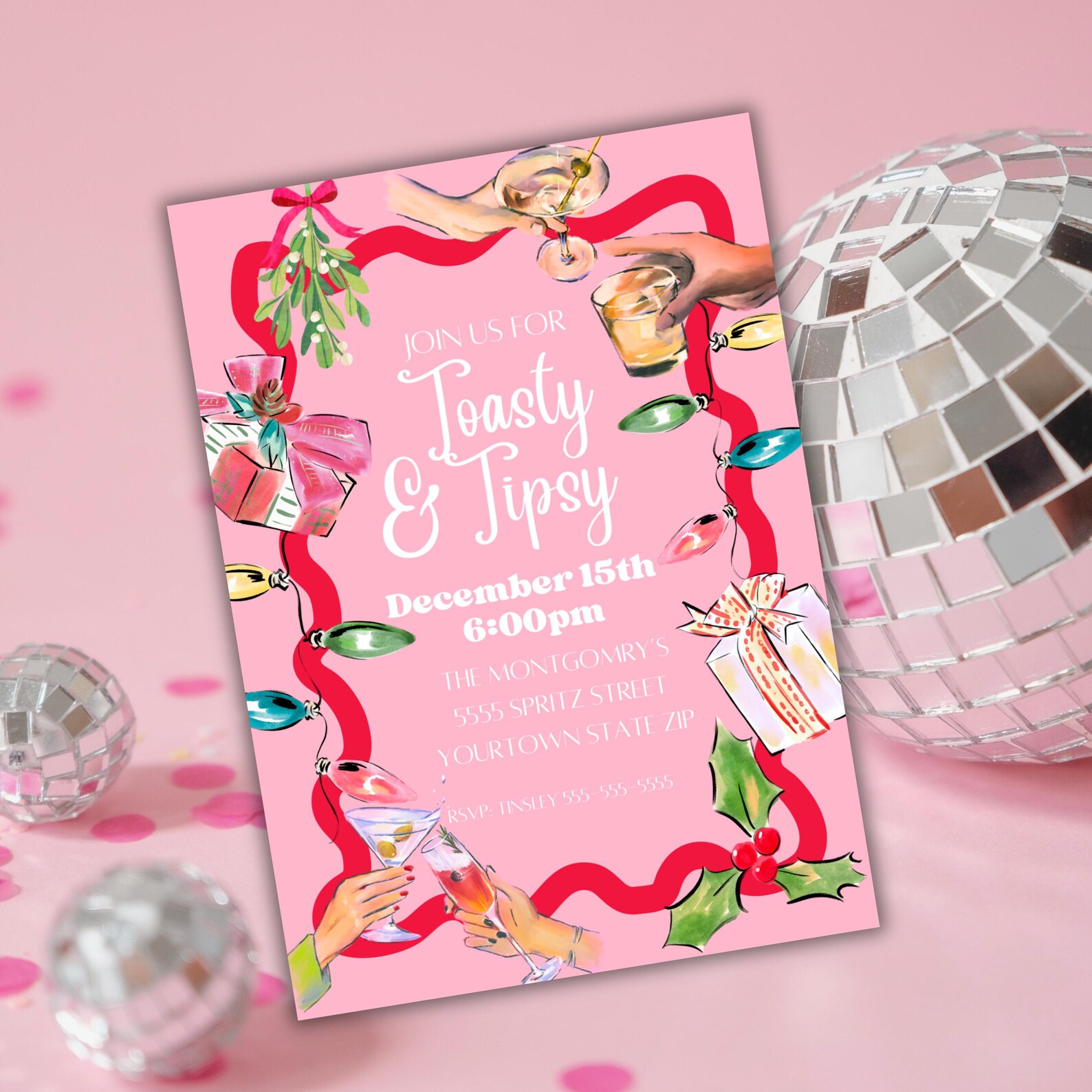 Editable Toasty & Tipsy Christmas Cocktail Party Invitation Cheerful ...