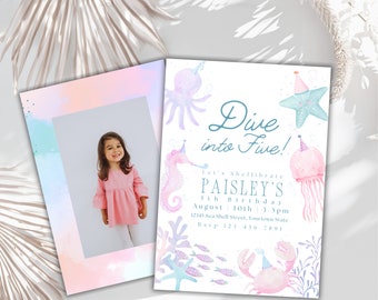 Editable dive into five invitation pastel beach pool party girls 5th birthday  invitation ocean theme party Invitation summer download