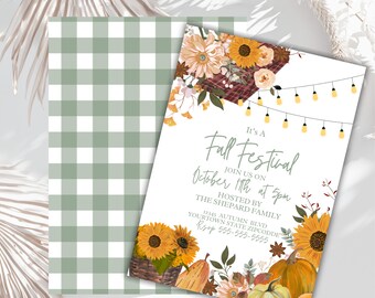 Puede incluir: Invitación a un festival de otoño con un fondo blanco y un diseño floral con girasoles, calabazas y hojas de otoño. El texto dice "Es un festival de otoño, Únase a nosotros el 11 de octubre a las 5 pm, Organizado por la familia Shepard, 12345 Autumn Blvd, Yourtown State Zipcode, Rstp 555-555-5555."