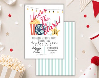 May include: An invitation for an outdoor movie party, featuring the text "Under The Stars!" with popcorn and film reel graphics. The invitation includes details for a 10th birthday celebration, with a light blue and white striped backing.
