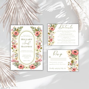 Editable floral wedding suite rsvp invite  wildflower wedding digital stationary  invitation garden party Printable details card invite