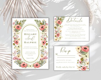 May include: Wedding invitation suite with floral designs. The invitation features a floral wreath with a white background and gold text. The text reads "Findly join us for the wedding of Hillary and Ralphie." The details card features a floral design with a white background and black text. The text reads "Details" and includes information about the wedding reception. The RSVP card features a floral design with a white background and black text. The text reads "RSVP" and includes options for guests to indicate their attendance.