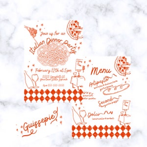 Invitación editable a una cena italiana, menú, juego de tarjetas de lugar, noche de pizza dibujada a mano That's Amore, invitación a una cena con garabatos de pasta