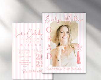 Editable bow girl Graduation photo Invitation open house Class of 2025 Editable Grad Party Invite Pink evite high school graduate Download