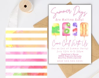Editable goodbye summer popsicle party invitation retro lets chill , Poppin party, popsicle theme swimming end of summer Labor Day party