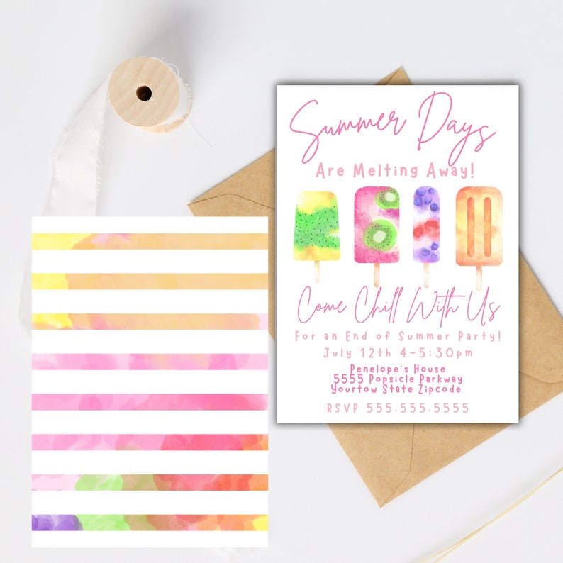 Puede incluir: Invitaci&oacute;n a una fiesta de verano con una ilustraci&oacute;n de acuarela de paletas de hielo y el texto "Summer Days Are Melting Away! Come Chill With Us For an End of Summer Party! July 12th 4-5:30pm Penelope's House 5555 Popsicle Parkway Yourtow State Zipcode RSVP 555.555.5555"