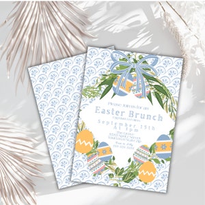 Printable Easter invitation in pastel blue pink yellow spring colors with greenery and eggs preppy blue pattern with grand millennial look and big bow at the top words for Easter brunch additional invitation words are editable by youin Canva