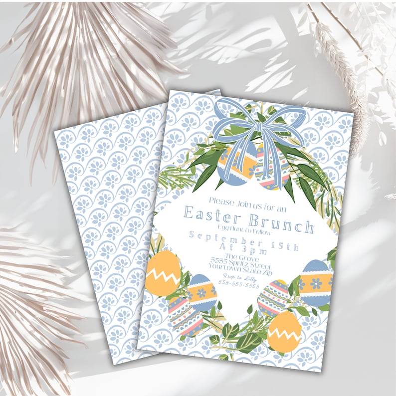 Printable Easter invitation in pastel blue pink yellow spring colors with greenery and eggs preppy blue pattern with grand millennial look and big bow at the top words for Easter brunch additional invitation words are editable by youin Canva