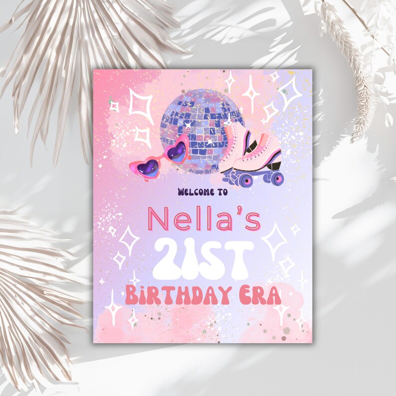 Editable Birthday Era Skate Theme Welcome Sign , Skate Rink, Disco Ball ...
