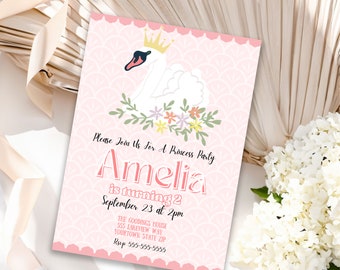 May include: Pink invitation with a white swan illustration wearing a gold crown. The invitation says "Please Join Us For A Princess Party Amelia is turning 2 September 23 at 2pm The Goodings House 555 Lakeview Way Yourtown State Zip Rsup 555-555-5555"