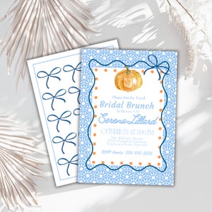 Printable  blue bow pumpkin invite spice  bridal shower autumn bridal shower Invitation fall preppy blue bow bridal shower editable Download