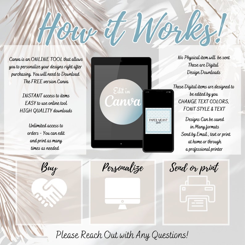 May include: A graphic explaining how to use Canva to personalize digital designs. The graphic shows a tablet and phone with the Canva logo and the text "Edit in Canva". The graphic also includes the text "Buy", "Personalize", and "Send or print" with icons representing each step.