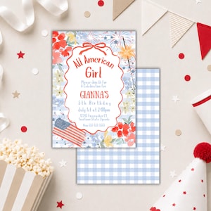 American girl 1st birthday Stars spangled invite fireworks Invitation 4th of July firecracker girl Fourth of July party Printable  Download