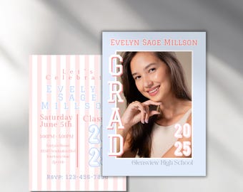 Editable bow Graduation photo Invitation open house Class of 2025 Editable Grad Party Invite Pink evite high school graduate Download